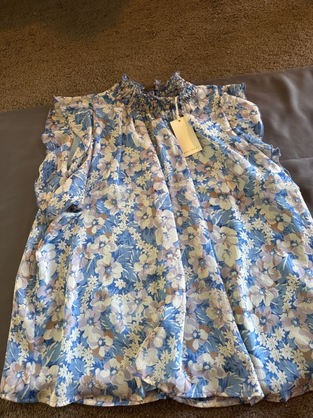MELLODAY Blue Floral Smocked Neck Blouse